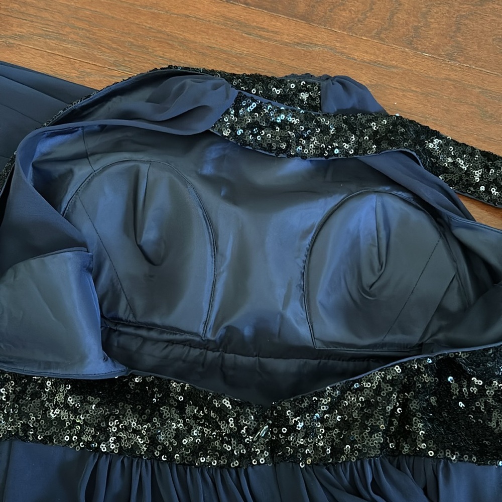 Kevin Klain HALTER PLEATED CROSS NECK NAVY GOWN DRESS sz 8 - Picture 10 of 13